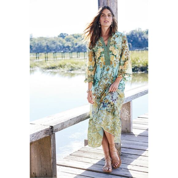 Soft Surroundings Size 1X Baroque Maxi Dress Aqua Gold Floral Boho Hippie Flowy - Picture 3 of 11